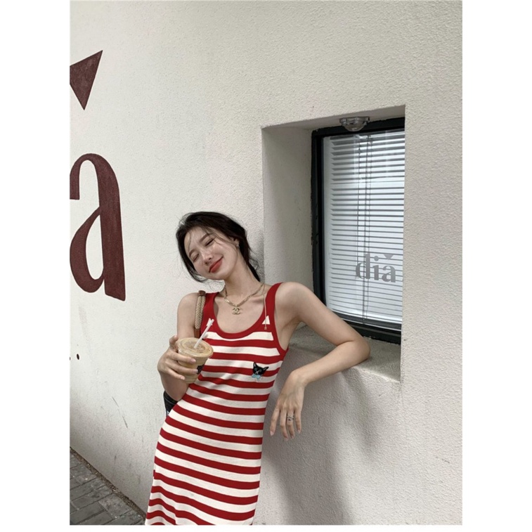 [F &amp; X] Đầm Dệt Kim Hai Dây Ôm Dáng Họa Tiết Kẻ Sọc Màu Đỏ Thời Trang Mùa Hè Dành Cho Nữ