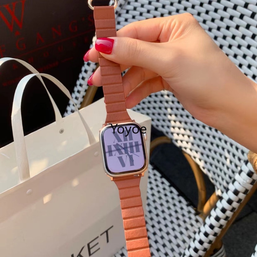 Dây Đeo Đồng Hồ Bằng Da Mỏng Từ Tính 45mm 41mm 44mm 42mm 38mm Cho iWatch Ultar 49mm 8 7 6 SE 5 4 3 2 1 40mm