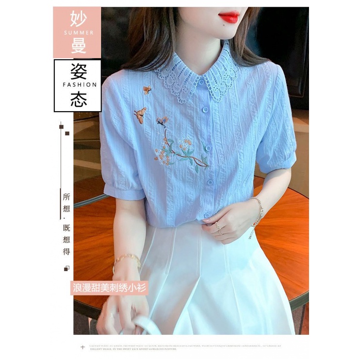 Áo Sơ Mi Cotton Mỏng Tay Ngắn Thêu Họa Tiết Thời Trang Mùa Hè 2023 Cho Nữ