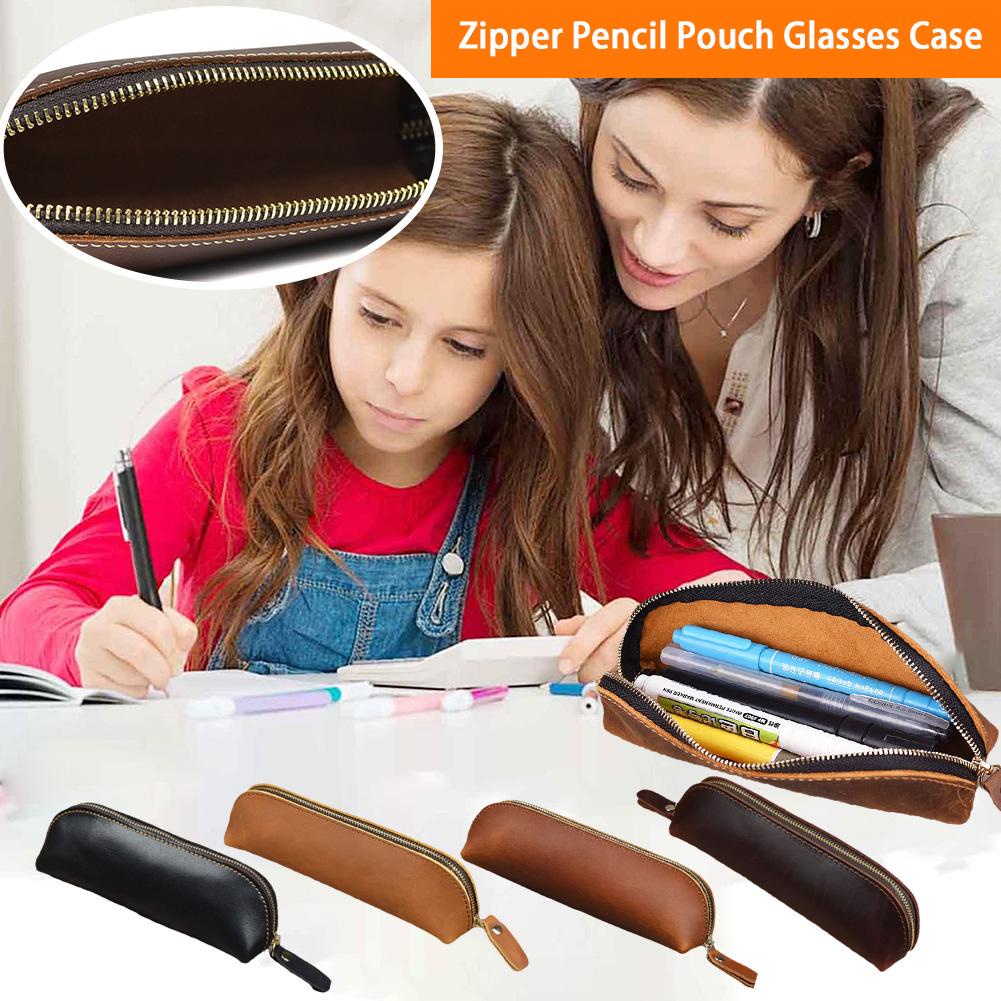 Túi Đựng Bút Bằng Da Thật Có Khóa Kéo Phong Cách Retro Đơn Giản M6K0