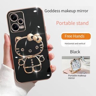 Ốp Điện Thoại Họa Tiết Cho Xiaomi Redmi Note 12 Pro Case Redmi Note 12S Ốp Lưng Redmi 12C Case Redmi A1 Plus Case Cute Anime Cartoon Vanity Mirror Hello Kitty Holder Phone Cover Cassing Cases Case With Metal Sheet TK