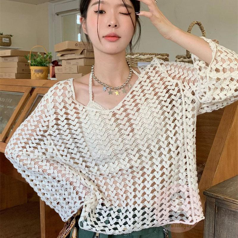 Áo Thun Dệt Kim Tay Dài Màu Sắc Thời Trang Mùa Hè Cho Nữ