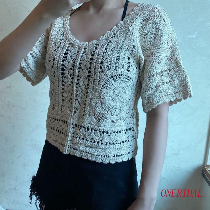 Áo Croptop Dệt Kim Tay Ngắn Cổ Tròn Thiết Kế Khoét Rỗng Thời Trang Đi Biển Cho Nữ