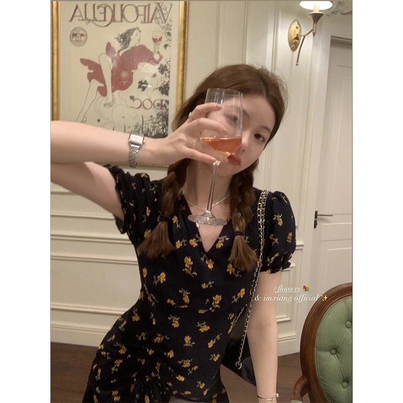 Đầm Dài Tay Phồng Cổ Chữ V In Hoa Thời Trang Mùa Hè Nhẹ Nhàng Dành Cho Nữ