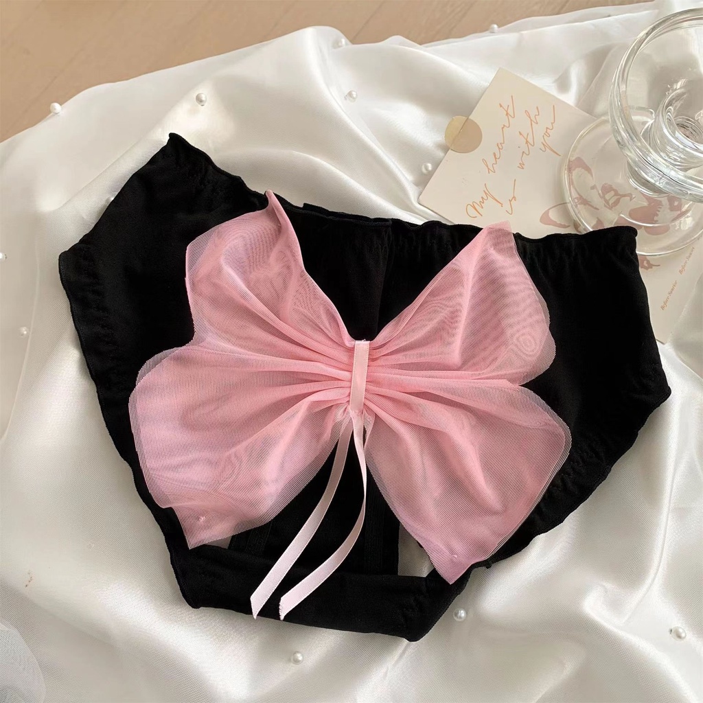 Quần Lót Cotton Màu Đen Lưng Thấp Đính Nơ Hồng Ngọt Ngào Phong Cách Nhật Bản