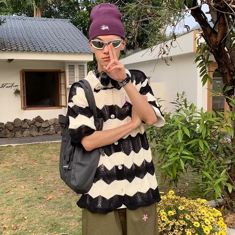 Áo polo Dệt Kim Tay Ngắn Dáng Rộng Họa Tiết Kẻ Sọc Màu Sắc Tương Phản Thời Trang Mùa Hè Cho Nữ