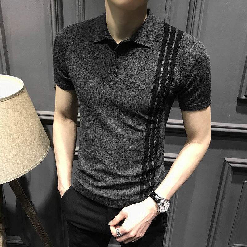 Áo Thun Polo Dệt Kim Ngắn Tay Form Ôm Họa Tiết Kẻ Sọc Thời Trang Mùa Hè Cho Nam