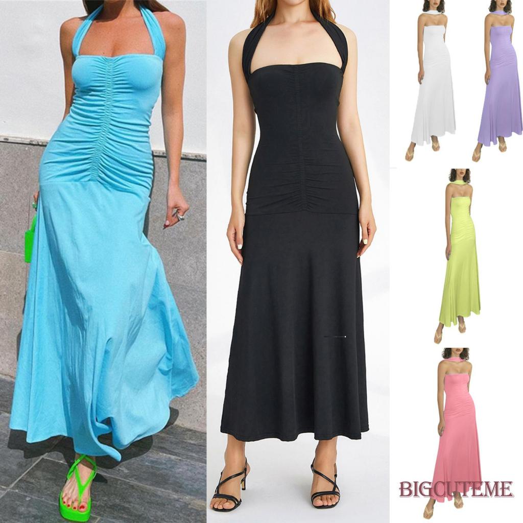 Đầm Hai Dây Mùa Xuân Hè Xếp Ly Màu Sắc Trơn Cổ Yếm Không Tay Cho Nữ