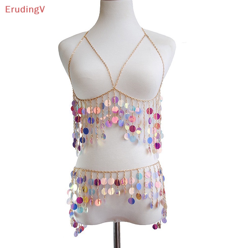 [ErudingV] Set Áo Ngực Nhiều Lớp Tua Rua Và Dây Xích Đeo Hông Đính Kim Sa Thời Trang Gợi Cảm Đi Tiệc y2k [Mới]
