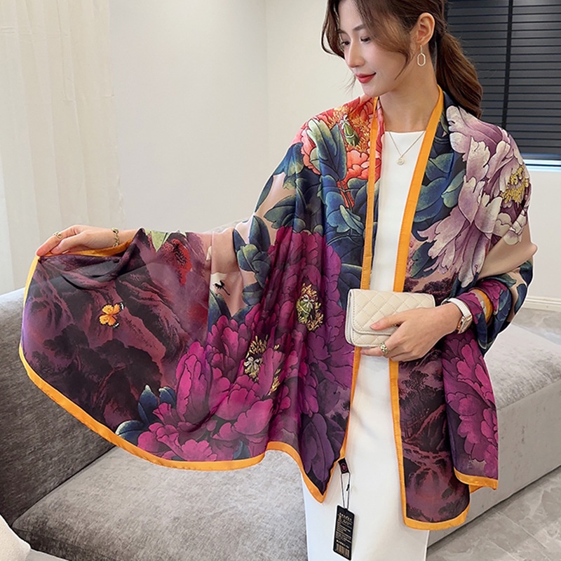 Khăn Quàng Cổ Chống Nắng Bằng Lụa Cỡ Lớn 180 * 90CM In Họa Tiết Hoa Mẫu Đơn Sang Trọng Cho Nữ