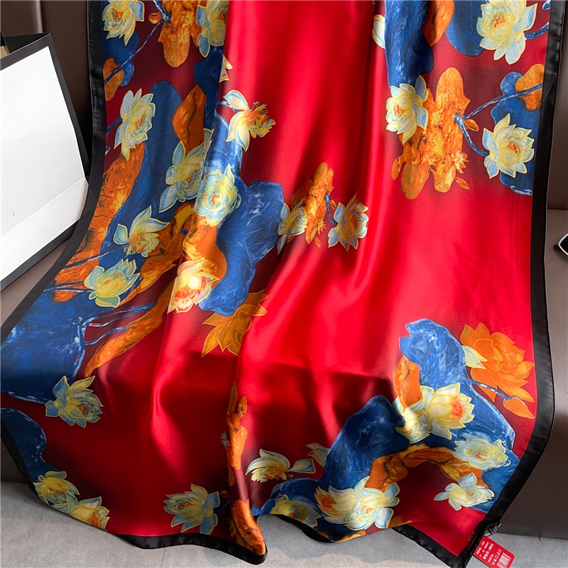 Khăn Choàng Lụa Chống Nắng Dáng Dài Cỡ Lớn 180 * 90CM In Họa Tiết Hoa Sen / Ao Sen Sang Trọng Cho Nữ