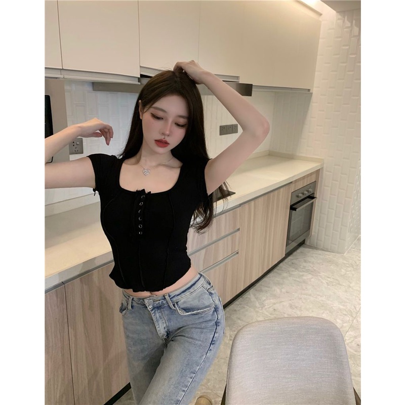 IELGY Áo Thun Nữ Ngắn Tay Lệch Tà Thời Trang