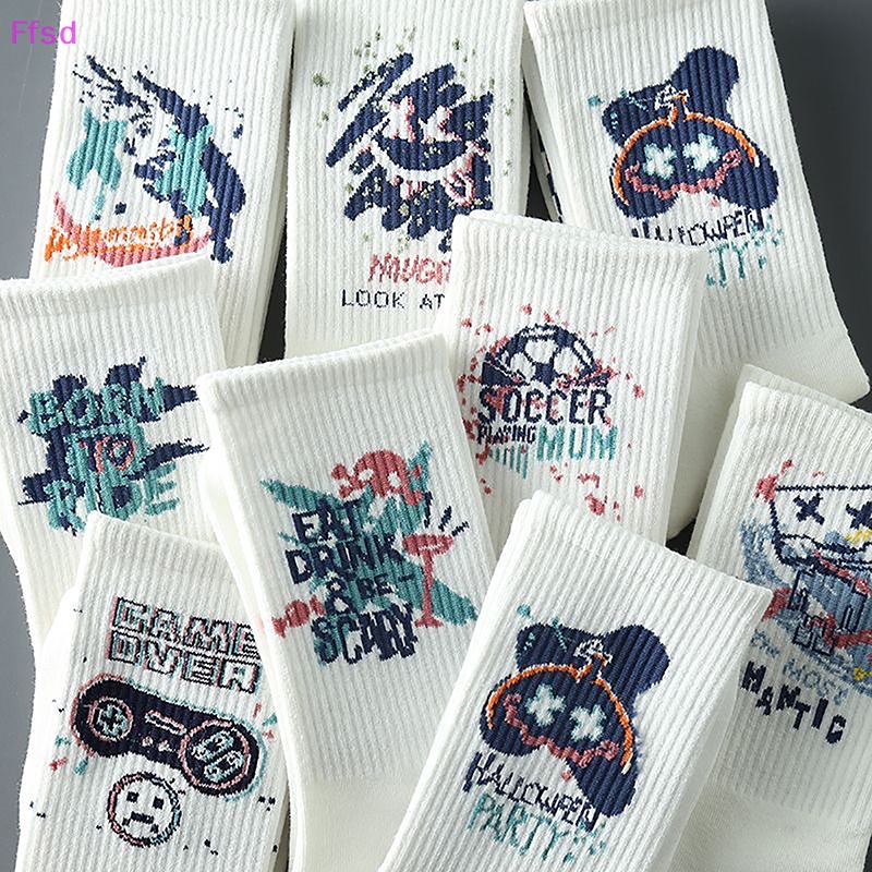 1 Đôi Tất Cotton Polyester Màu Trắng Họa Tiết Hoạt Hình Vui Nhộn Phong Cách Unisex