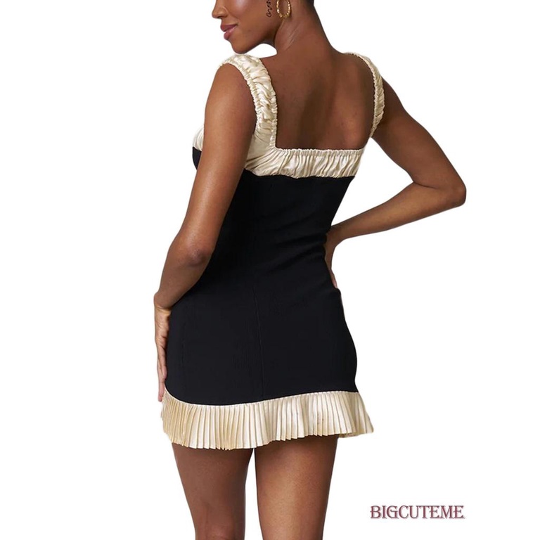 Đầm Ngắn Hai Dây Cổ Vuông Hở Lưng Màu Sắc Tương Phản Thời Trang Mùa Hè Dành Cho Nữ