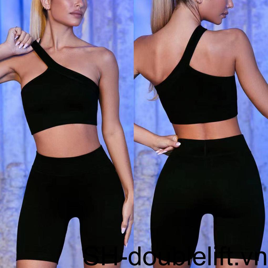Bộ Trang Phục Thể Thao 2 Mảnh Thân Thiện Với Làn Da Không Đường May Lưng Cao Chống Sốc Thoáng Khí Kèm Quần Short Một Vai