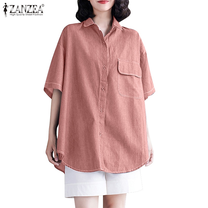 ZANZEA Áo Sơ Mi Tay Ngắn Có Túi Cài Nút Thời Trang Hàn Quốc Cho Nữ