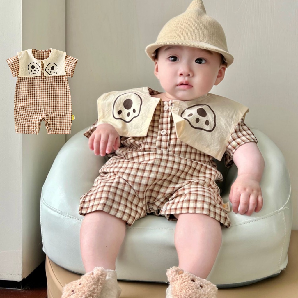 Áo Liền Quần Tay Ngắn Bằng Cotton Họa Tiết Caro Thời Trang Mùa Hè Dành Cho Bé Trai Gái 0-18 Tháng Tuổi