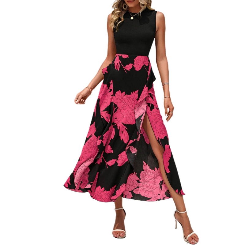 Xiangbao Đầm Midi Dài Phối Bèo Nhún In Hoa Xẻ Tà Cao Bên Hông Thời Trang Công Sở Nữ Tính