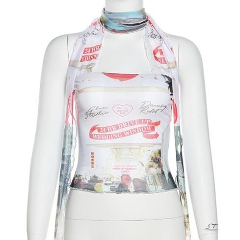 Áo Hai Dây Dáng Ngắn In Họa Tiết Trái Tim / Chữ Phong Cách Cổ Điển Thời Trang Mùa Hè CY03