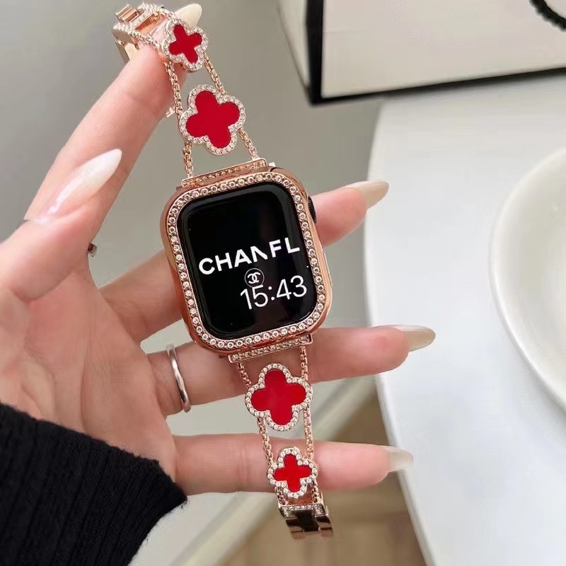 Dây Đeo Bằng Thép Không Gỉ Họa Tiết Cỏ Bốn Lá Cho Apple Watch 45mm 40mm 38mm 49mm i-Watch 7 2 3 4 5 6 SE 45mm
