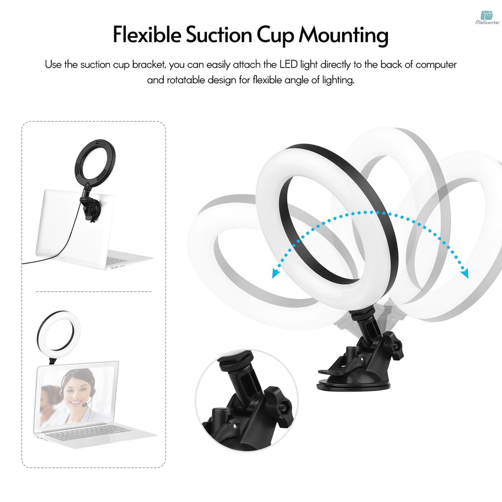 Andoer 6 Inch LED Ring Light Laptop Video Conference Lighting 3 Lighting Modes 3200K-5600K Dimmable USB Powered with Suction Cup Mount + Desktop Tripod + Flexible Ballhead Adapter   for Live Streaming