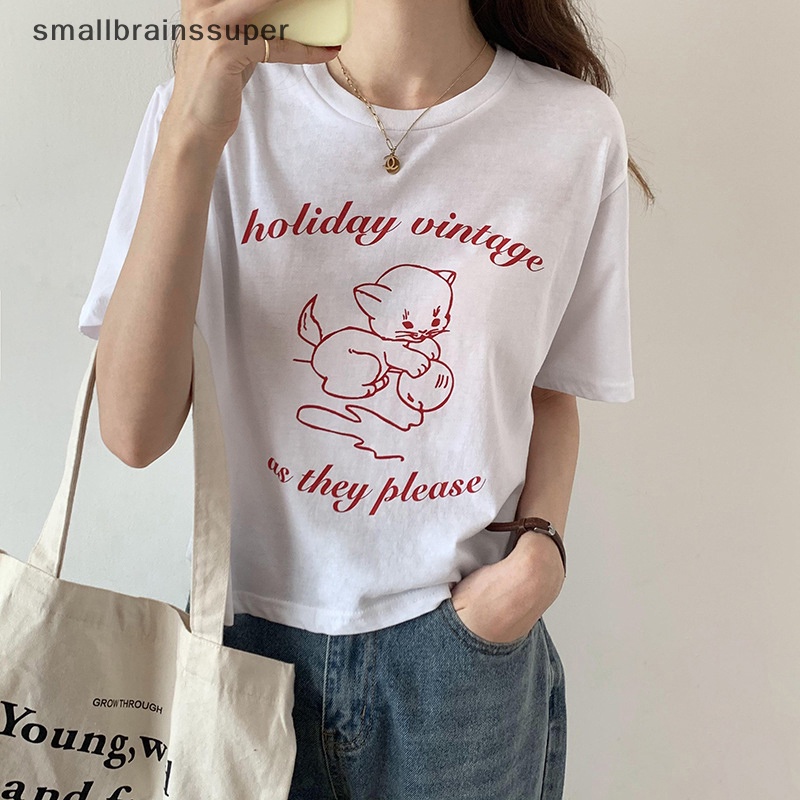 Áo Thun Crop Top Tay Ngắn Cổ Tròn In Họa Tiết Mèo Hoạt Hình Thời Trang Mùa Hè Cho Nữ