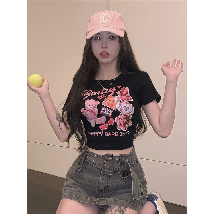 Áo baby tee Thun croptop nữ Croptop Trễ Vai Ôm Dáng Thiết Kế Màu Đen Ngọt Ngào Thời Trang Mùa Hè Cho Nữ