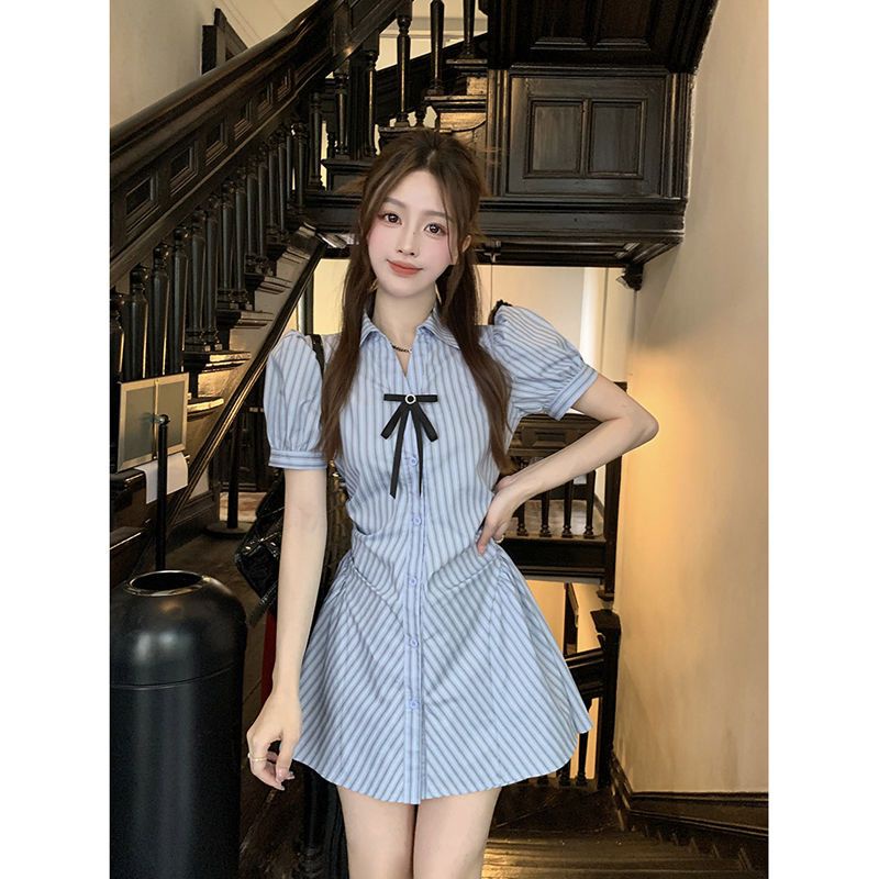 Đầm Chữ A Tay Ngắn Họa Tiết Kẻ Sọc Phong Cách Hàn Quốc Thời Trang Mùa Hè 2023 Mới