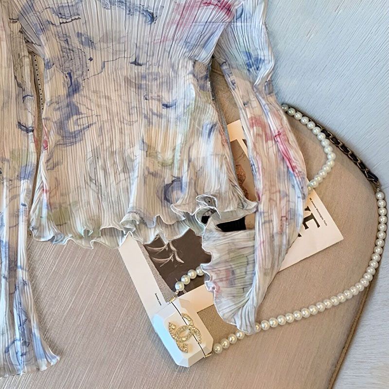 Áo Sơ Mi Chiffon Tay Dài Xếp Ly Nhuộm Màu Retro Thời Trang Mùa Hè Cho Nữ