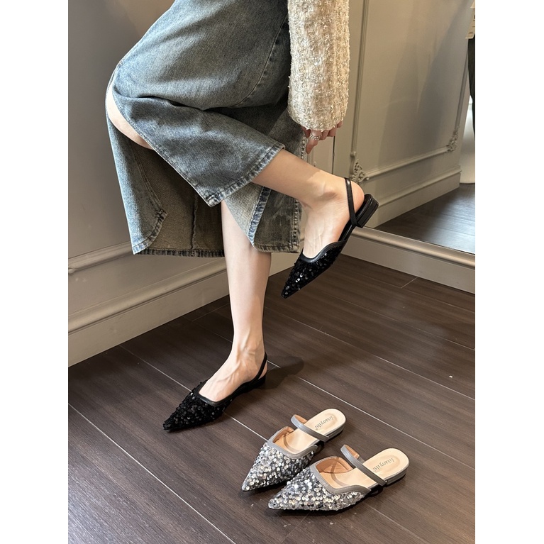 Dép Đế Thấp Mũi Nhọn Đính Kim Sa Thời Trang Mùa Hè 2023 Cho Nữ