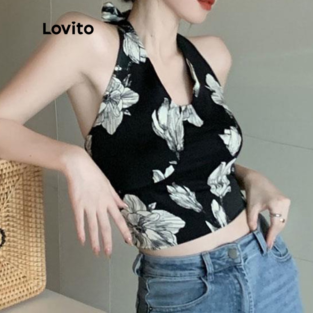 Lovito Áo ba lỗ không tay phối ren họa tiết hoa đơn giản cho nữ L49AD034 (Đen)