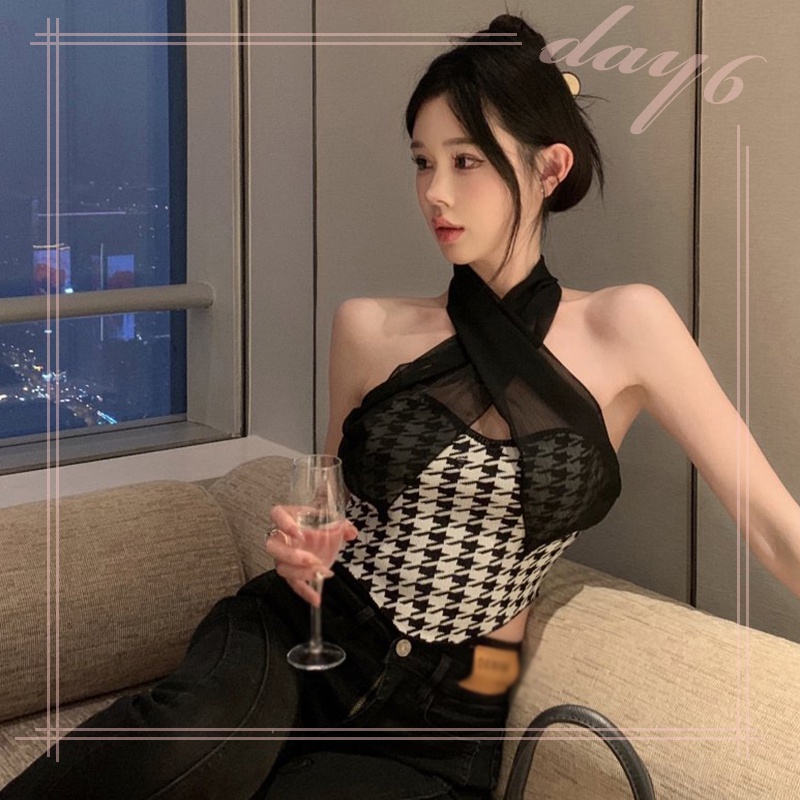 Áo Croptop Dệt Kim Phối Lưới Phong Cách Retro Cho Nữ