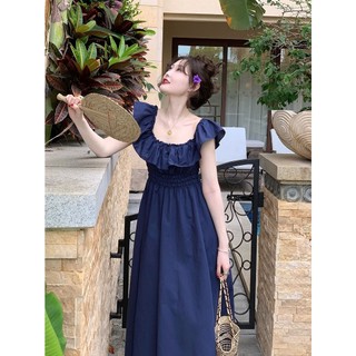 Đầm Dáng Dài Cổ Tròn Nhún Bèo Màu Xanh Dương Đậm Thời Trang Mùa Hè Hàng Mới Cao Cấp Ôm Eo Dành Cho Bạn Nữ