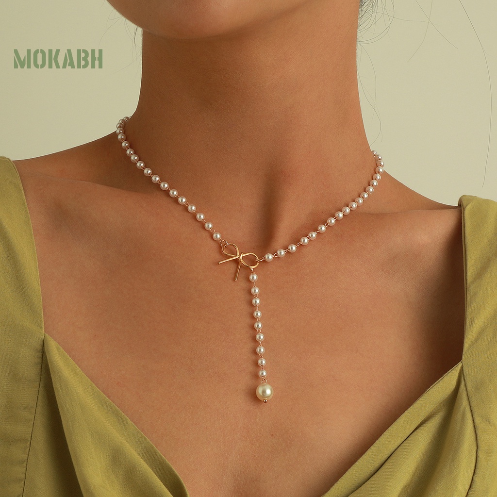 Vòng Cổ Chuỗi Hạt Ngọc Trai / Nơ Tua Rua Dài Bằng Hợp Kim Màu Vàng / Bạc Dễ Thương Xinh Xắn