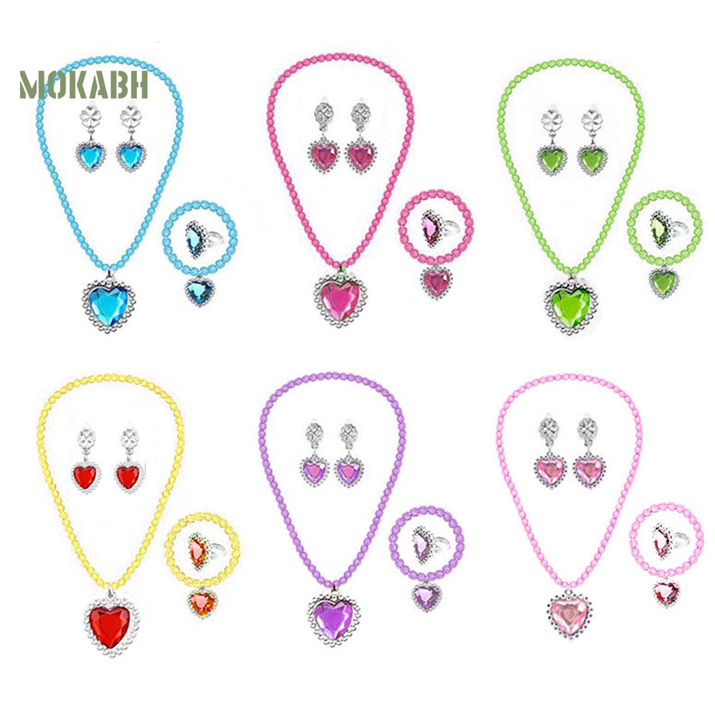 [Mới] 1 Bộ Vòng cổ, Bông Tai, Nhẫn, Vòng Tay Hình Trái Tim Đính Đá Nhiều Màu Cho Bé Gái