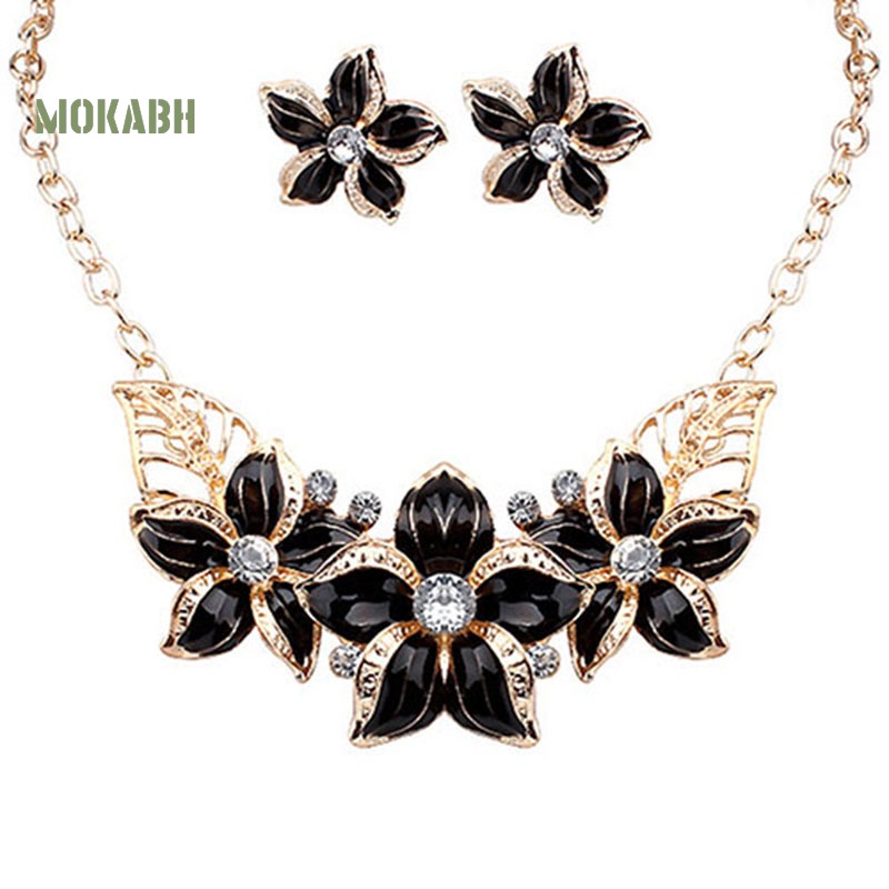 Bộ Vòng cổ + Bông Tai Đính Đá Hình Hoa Thời Trang Cho Nữ