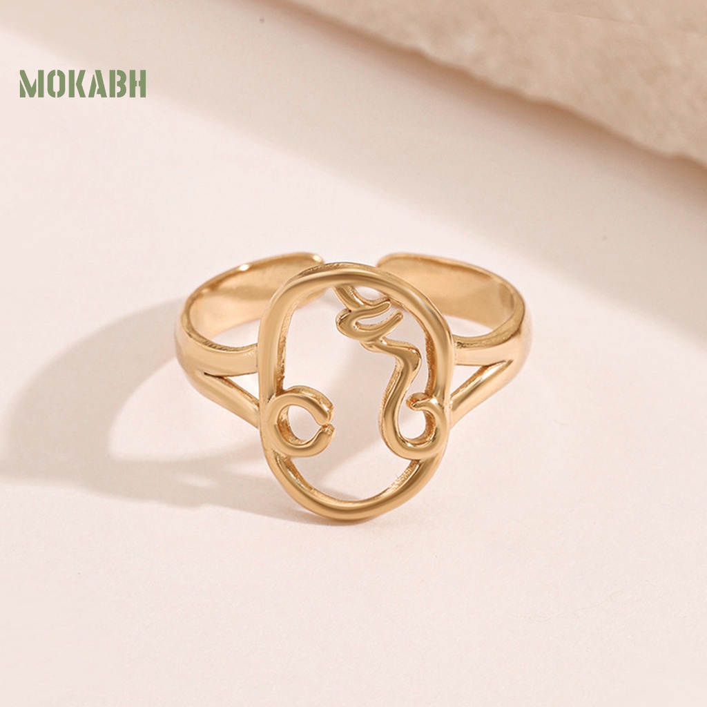 Bộ 2 Nhẫn Đeo Tay Họa Tiết Mặt Trừu Tượng Thiết Kế Điều Chỉnh Được Không Phai Màu Phong Cách Tối Giản