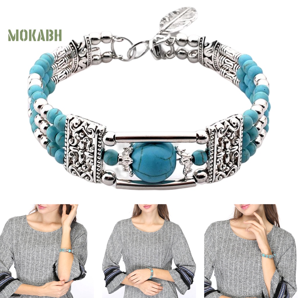 Vòng Đeo Tay Ba Lớp Đính Ngọc Lam Giả Phong Cách Bohemia Thời Trang Cho Nữ