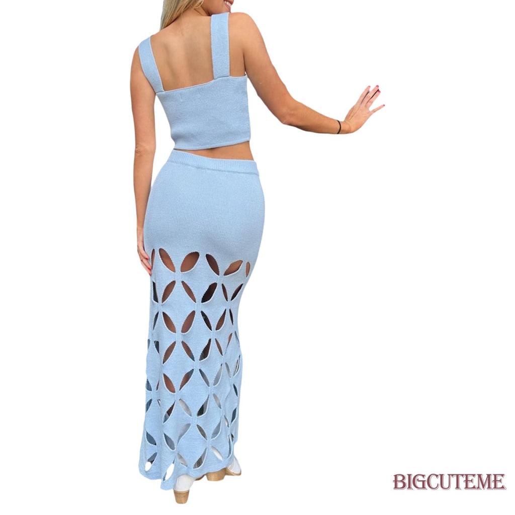 Bộ Áo Tank Top 2 Dây + Chân Váy Dệt Kim Lưng Cao Co Giãn Thời Trang Mùa Hè Cho Nữ