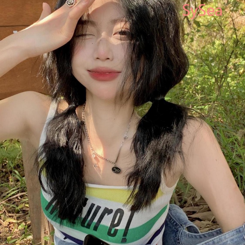 Áo Hai Dây Họa Tiết Kẻ Sọc In Chữ Phong Cách Retro Cho Nữ