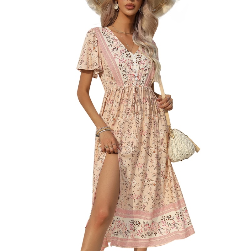 Đầm Midi Ngắn Tay Lưng Thun In Hoa Phối Nút Phía Trước