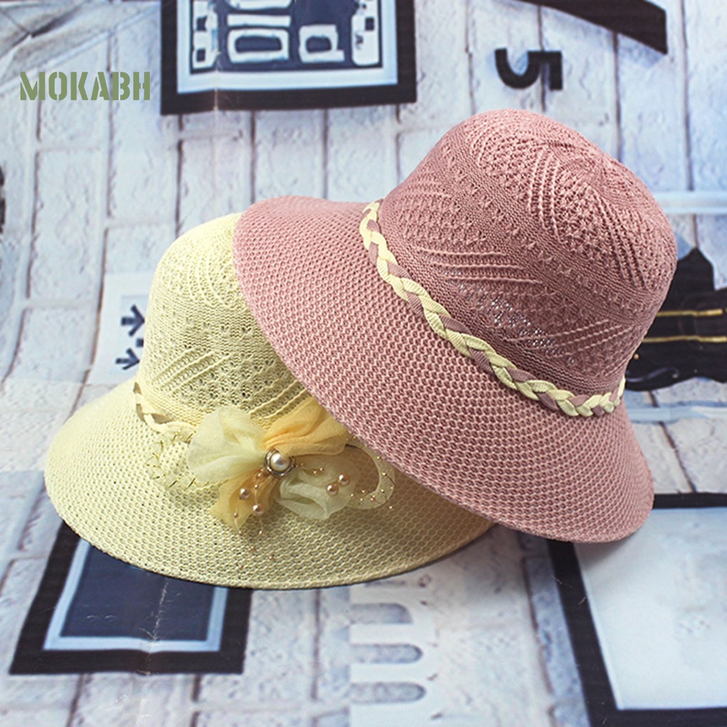 [Mok Abh] Mũ Tai Bèo Vành Rộng Chống Tia UV Có Dây Thắt Nơ Đính Hoa Giả Bằng Vải Bện Dành Cho Nữ Đi Biển