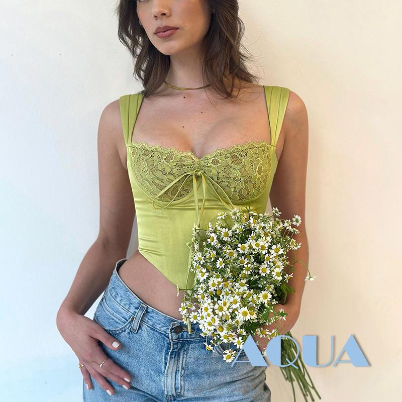 Áo Croptop Hai Dây Vải Satin Phối Ren Hở Lưng Thời Trang Mùa Hè Cho Nữ