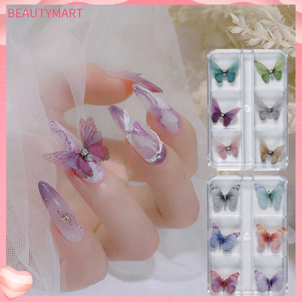 Set 6 Phụ Kiện Trang Trí Móng Tay Nghệ Thuật Hình Bướm 3D Màu Sắc Tươi Sáng Có Thể Tháo Rời