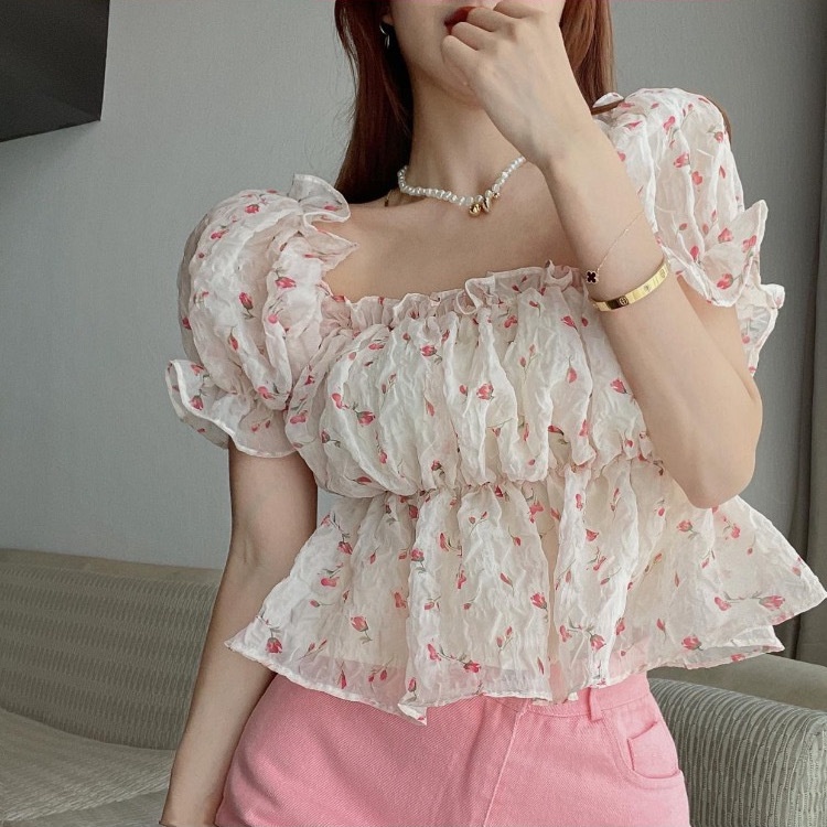 Nzn Áo Sơ Mi Voan Crop top Trễ Vai Xẻ Tà In Họa Tiết Hoa Hàn Quốc Cho Nữ