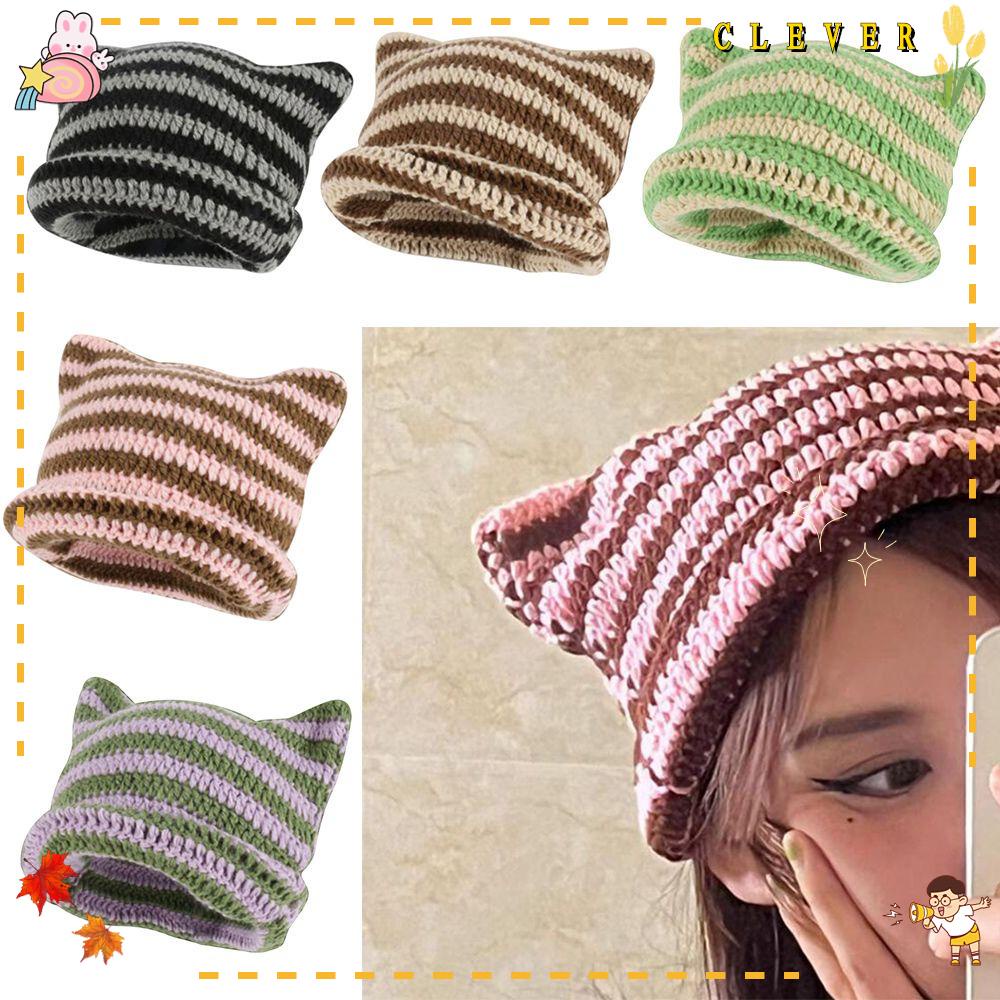 Mũ beanie Trùm Đầu Họa Tiết Sọc Đính Tai Mèo Dễ Thương Phong Cách Nhật Bản