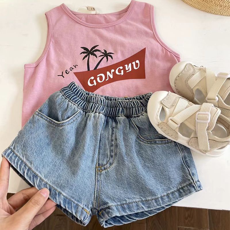 Hàng Mới Về Bộ Áo Thun Tay Ngắn Và Quần Short Denim Thời Trang Mùa Hè Hàn Quốc Cho Bé Gái 5 Tuổi