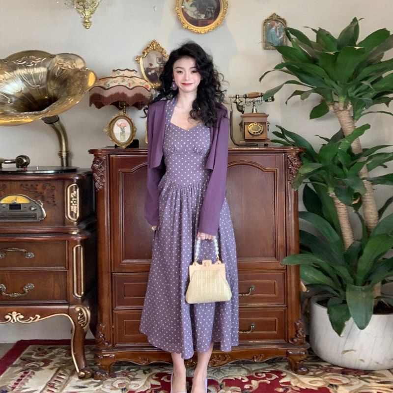 Đầm Hai Dây Dáng Dài Họa Tiết Chấm Bi Màu Tím Phong Cách Retro Thời Trang Hè Xinh Xắn Cho Nữ