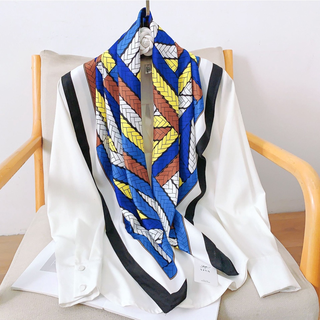 Khăn Choàng Satin Vuông 90 * 90cm Họa Tiết Màu Tương Phản Phong Cách Phương Tây