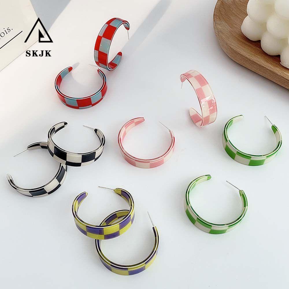 Bông Tai Mạ Bạc 925 Hình Chữ C Họa Tiết Sọc Caro Trắng Đen Thanh Lịch|Khuyên Tai Kim Hình Học Thời Trang Nữ Tính